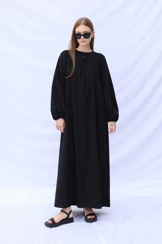 Düğmeli Keten Elbise Siyah - 2