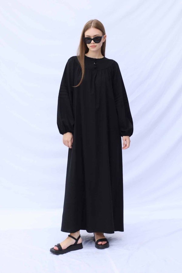 Düğmeli Keten Elbise Siyah - 2