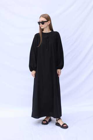 Düğmeli Keten Elbise Siyah - 3