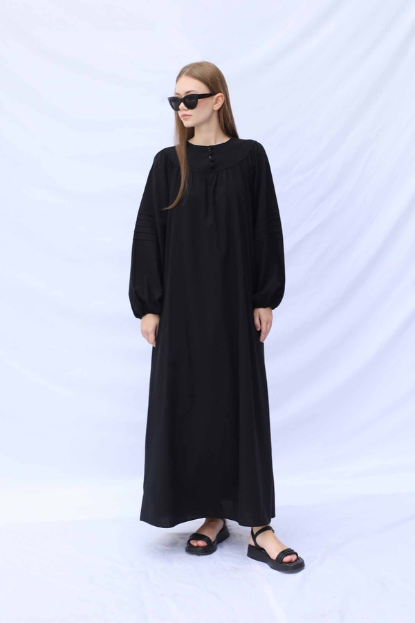 Düğmeli Keten Elbise Siyah - 3