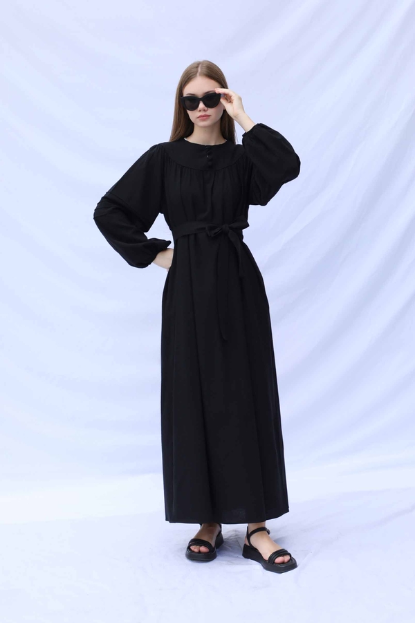 Düğmeli Keten Elbise Siyah - 4