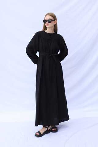 Düğmeli Keten Elbise Siyah - 1