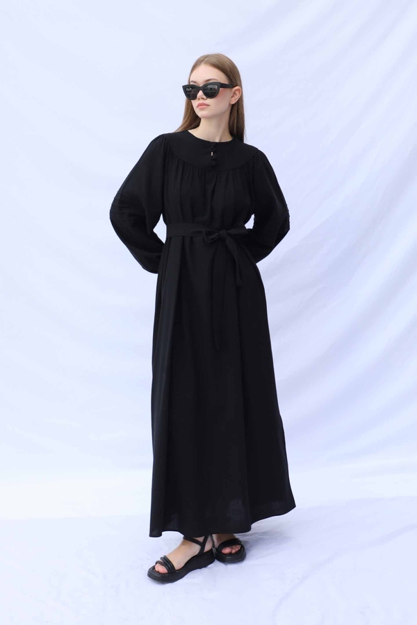 Düğmeli Keten Elbise Siyah - 1