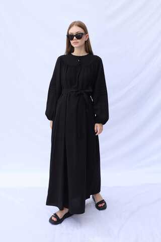 Düğmeli Keten Elbise Siyah - 5