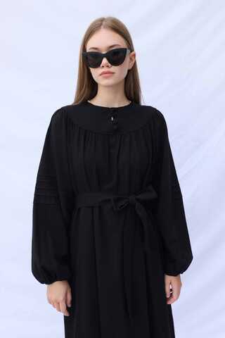 Düğmeli Keten Elbise Siyah - 6