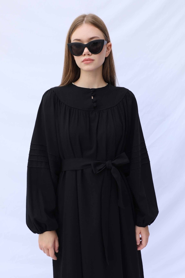 Düğmeli Keten Elbise Siyah - 6