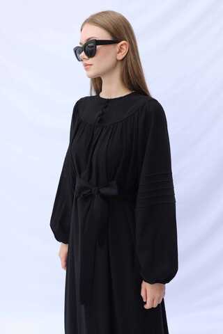 Düğmeli Keten Elbise Siyah - 7