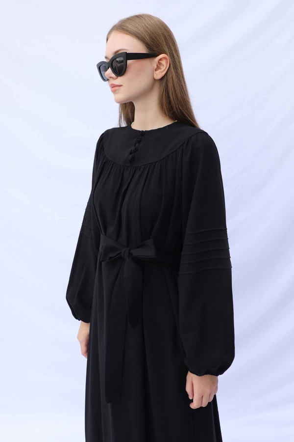 Düğmeli Keten Elbise Siyah - 7