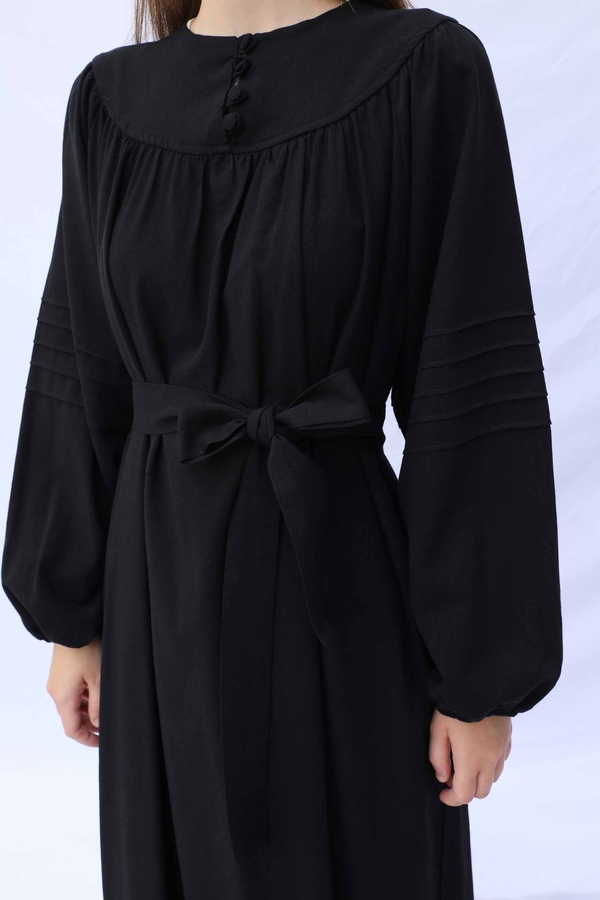 Düğmeli Keten Elbise Siyah - 8