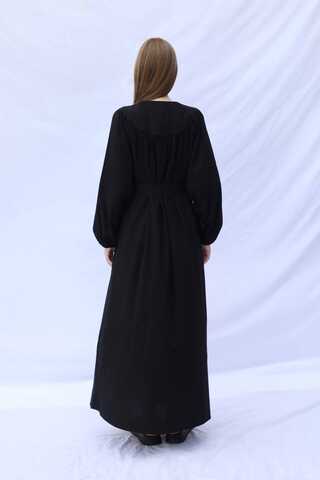 Düğmeli Keten Elbise Siyah - 9