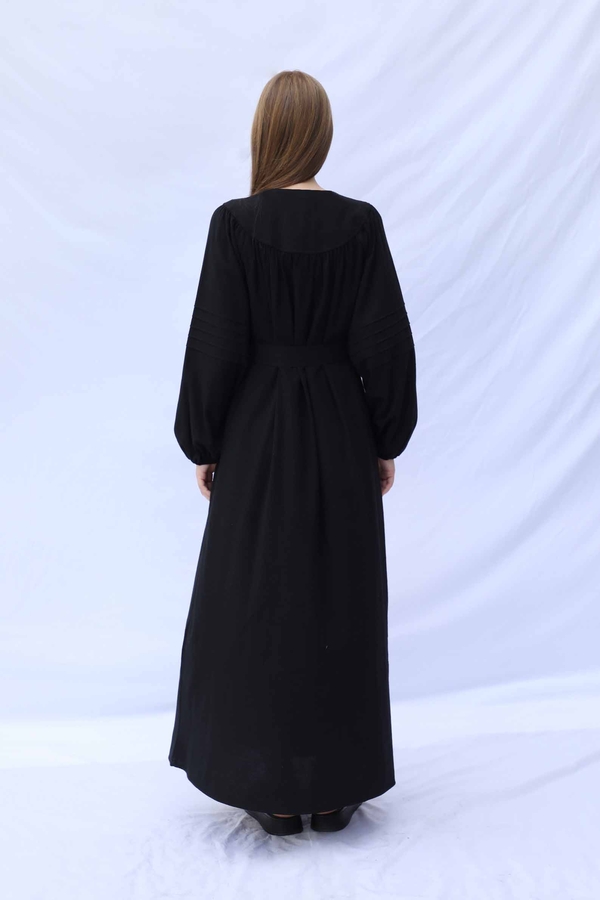 Düğmeli Keten Elbise Siyah - 9