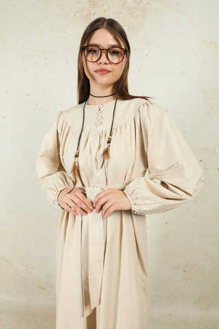 Düğmeli Keten Elbise Taş - 4