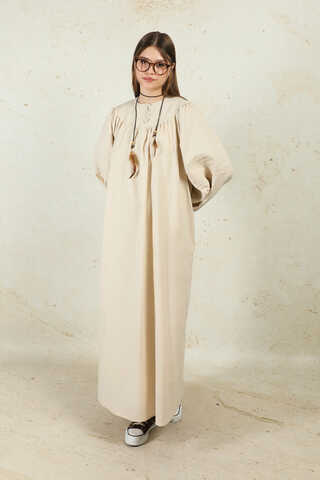 Düğmeli Keten Elbise Taş - 2