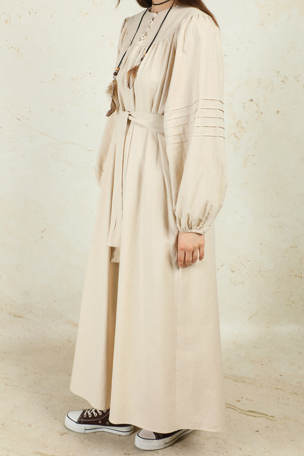 Düğmeli Keten Elbise Taş - 5