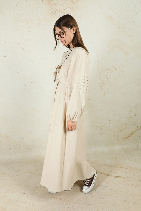 Düğmeli Keten Elbise Taş - 6