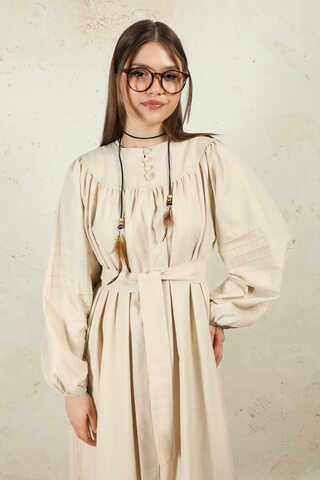 Düğmeli Keten Elbise Taş - 1