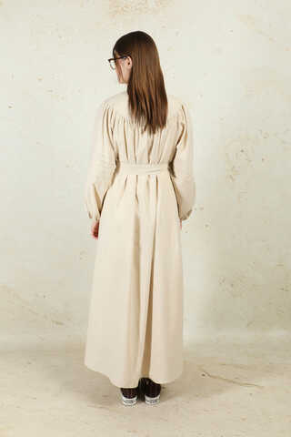 Düğmeli Keten Elbise Taş - 7