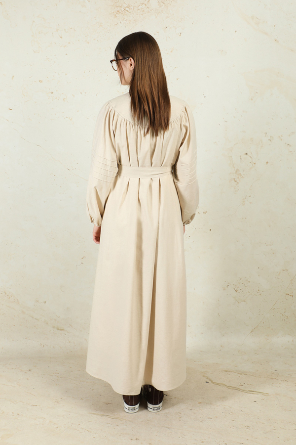 Düğmeli Keten Elbise Taş - 7