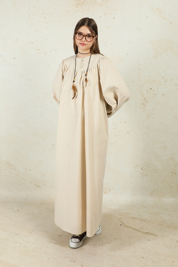 Düğmeli Keten Elbise Taş - 2
