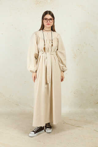 Düğmeli Keten Elbise Taş - 3