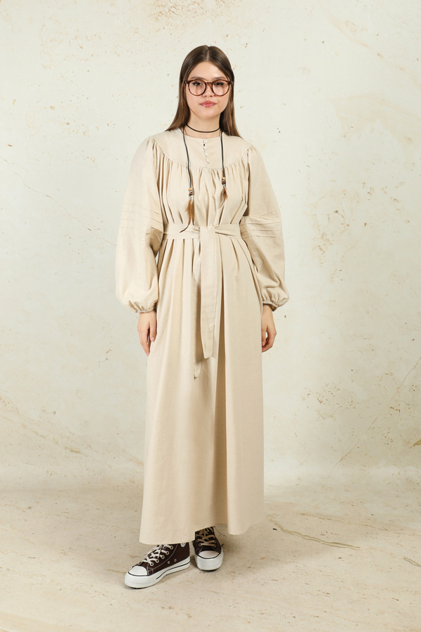 Düğmeli Keten Elbise Taş - 3