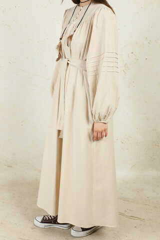 Düğmeli Keten Elbise Taş - 5