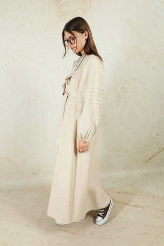 Düğmeli Keten Elbise Taş - 6