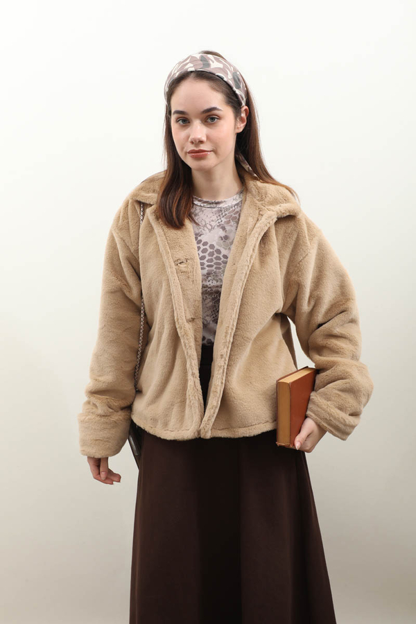 Düğmeli Kısa Kürk Camel - 2