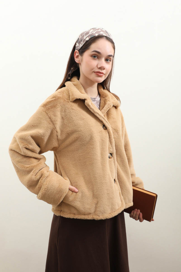 Düğmeli Kısa Kürk Camel - 5