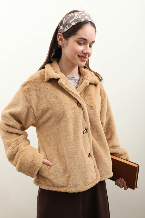 Düğmeli Kısa Kürk Camel - 6