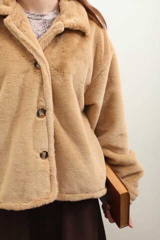 Düğmeli Kısa Kürk Camel - 7