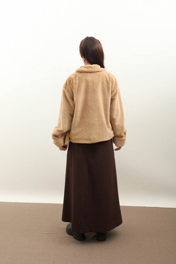 Düğmeli Kısa Kürk Camel - 12