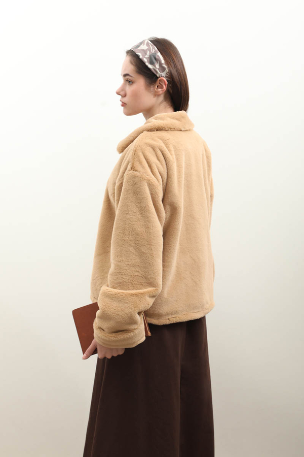Düğmeli Kısa Kürk Camel - 11