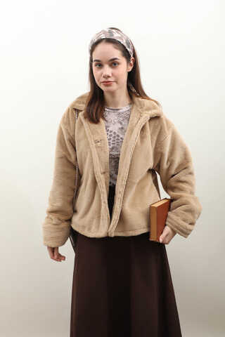 Düğmeli Kısa Kürk Camel - 2