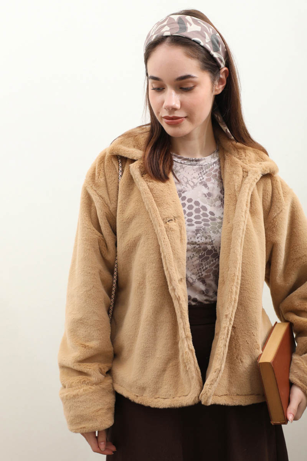 Düğmeli Kısa Kürk Camel - 3