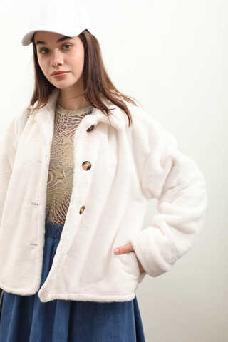 Düğmeli Kısa Kürk Ekru - 3