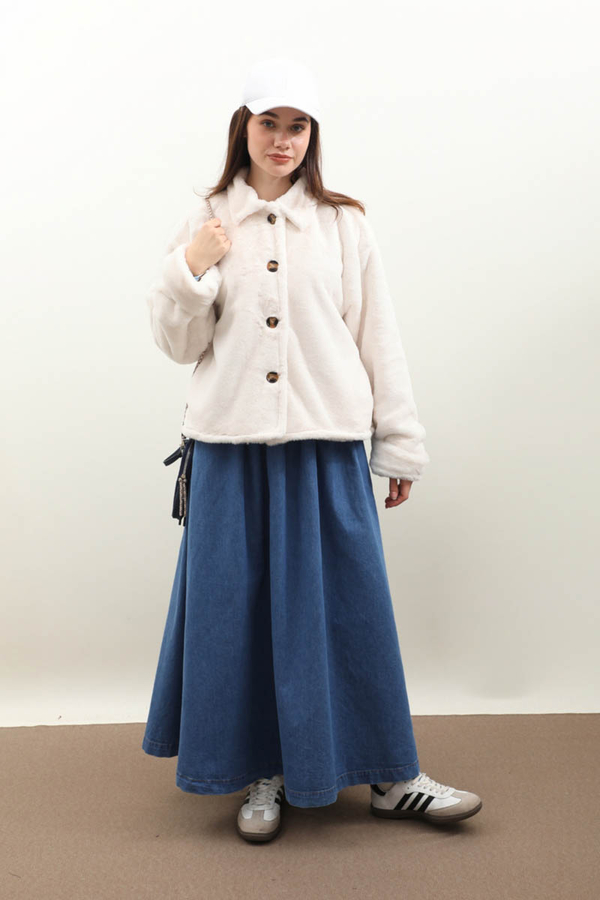 Düğmeli Kısa Kürk Ekru - 2