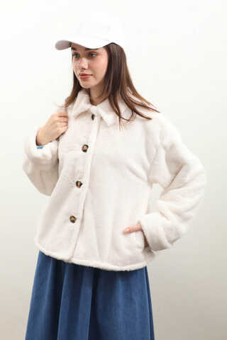 Düğmeli Kısa Kürk Ekru - 4