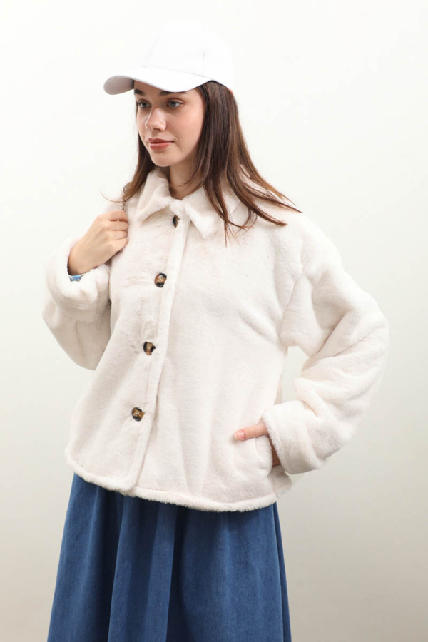 Düğmeli Kısa Kürk Ekru - 4