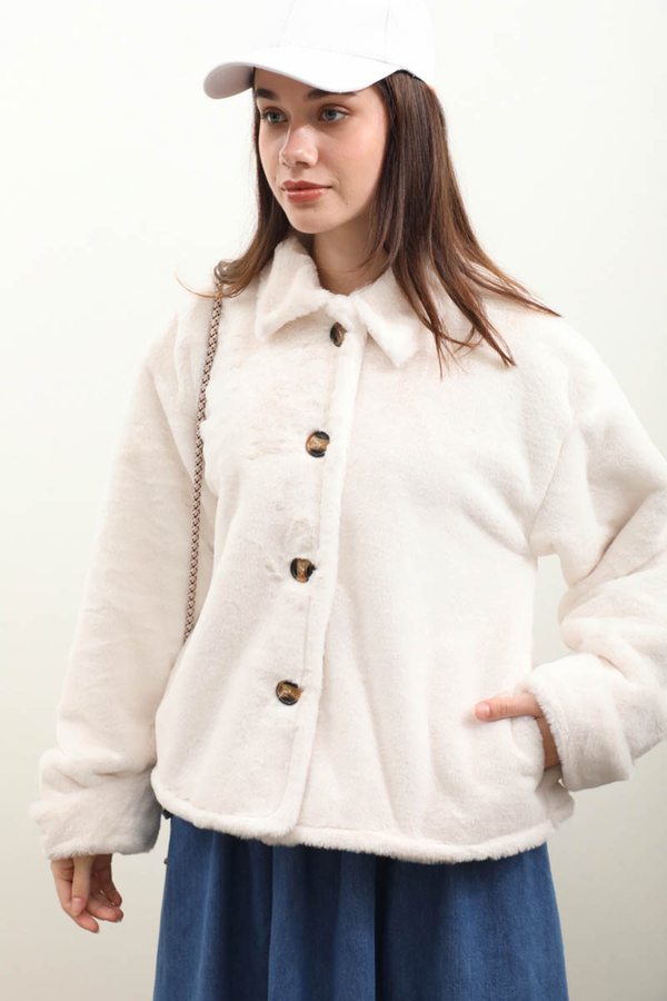 Düğmeli Kısa Kürk Ekru - 1