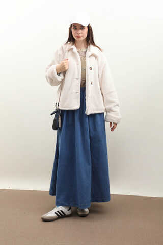 Düğmeli Kısa Kürk Ekru - 10