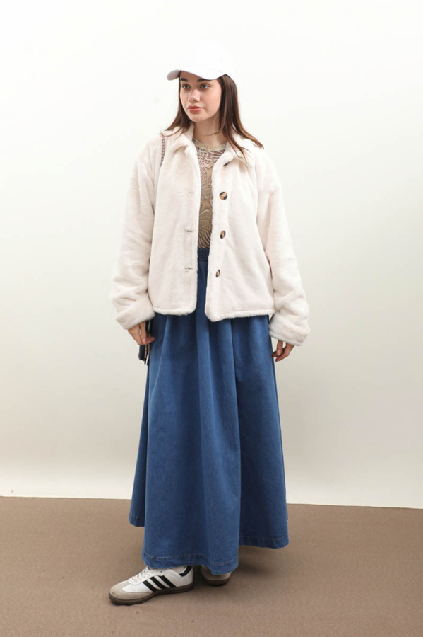 Düğmeli Kısa Kürk Ekru - 11