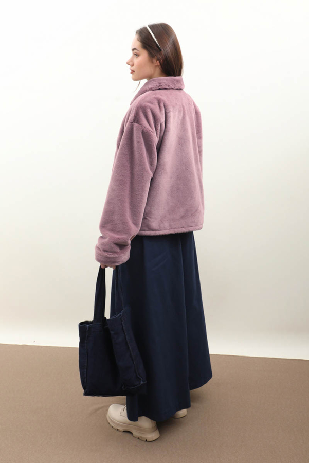 Düğmeli Kısa Kürk Gül Kurusu - 12