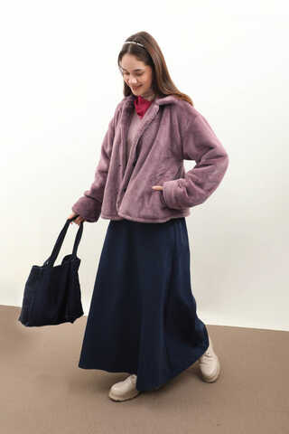 Düğmeli Kısa Kürk Gül Kurusu - 3