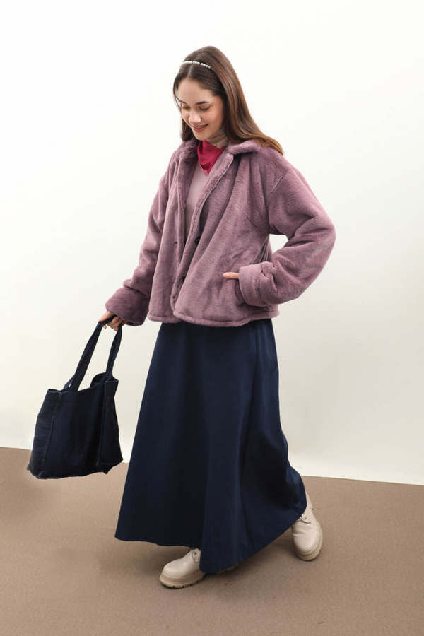 Düğmeli Kısa Kürk Gül Kurusu - 3