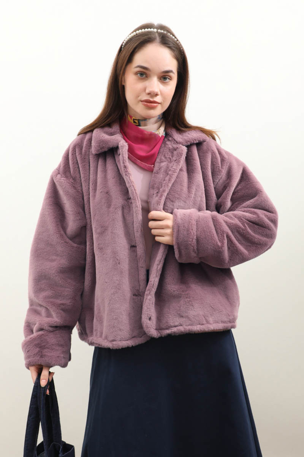 Düğmeli Kısa Kürk Gül Kurusu - 1