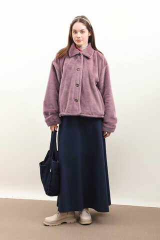 Düğmeli Kısa Kürk Gül Kurusu - 4