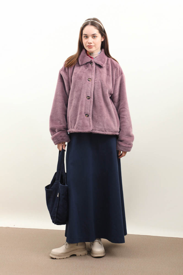 Düğmeli Kısa Kürk Gül Kurusu - 4