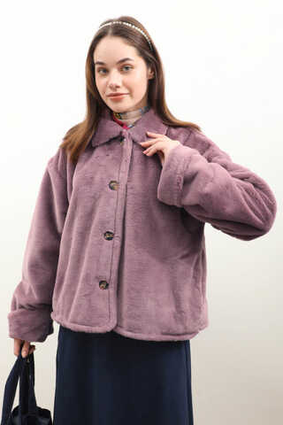 Düğmeli Kısa Kürk Gül Kurusu - 5