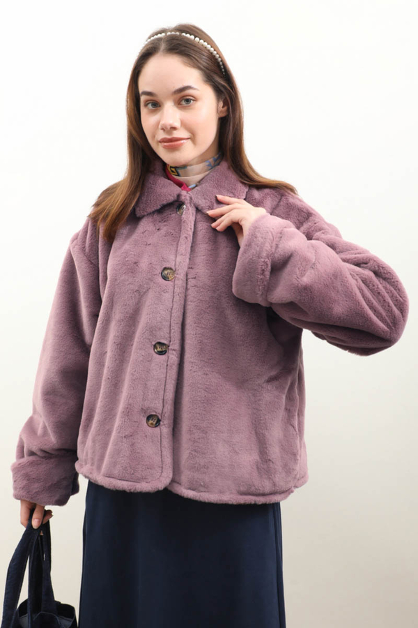 Düğmeli Kısa Kürk Gül Kurusu - 5